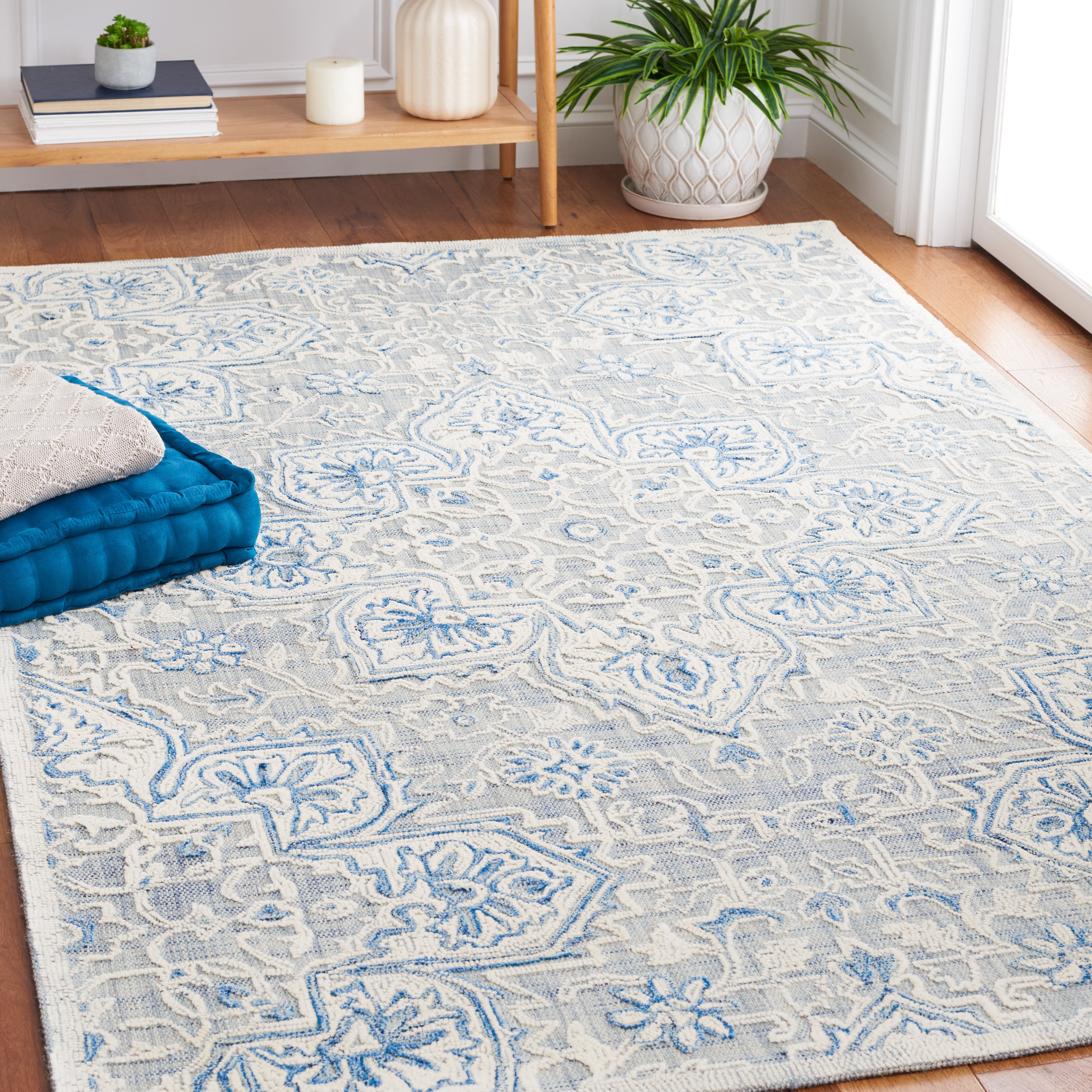 SAFAVIEH Trace Mia Medallion Area Rug, Blue/Ivory, 6' x 6' Square