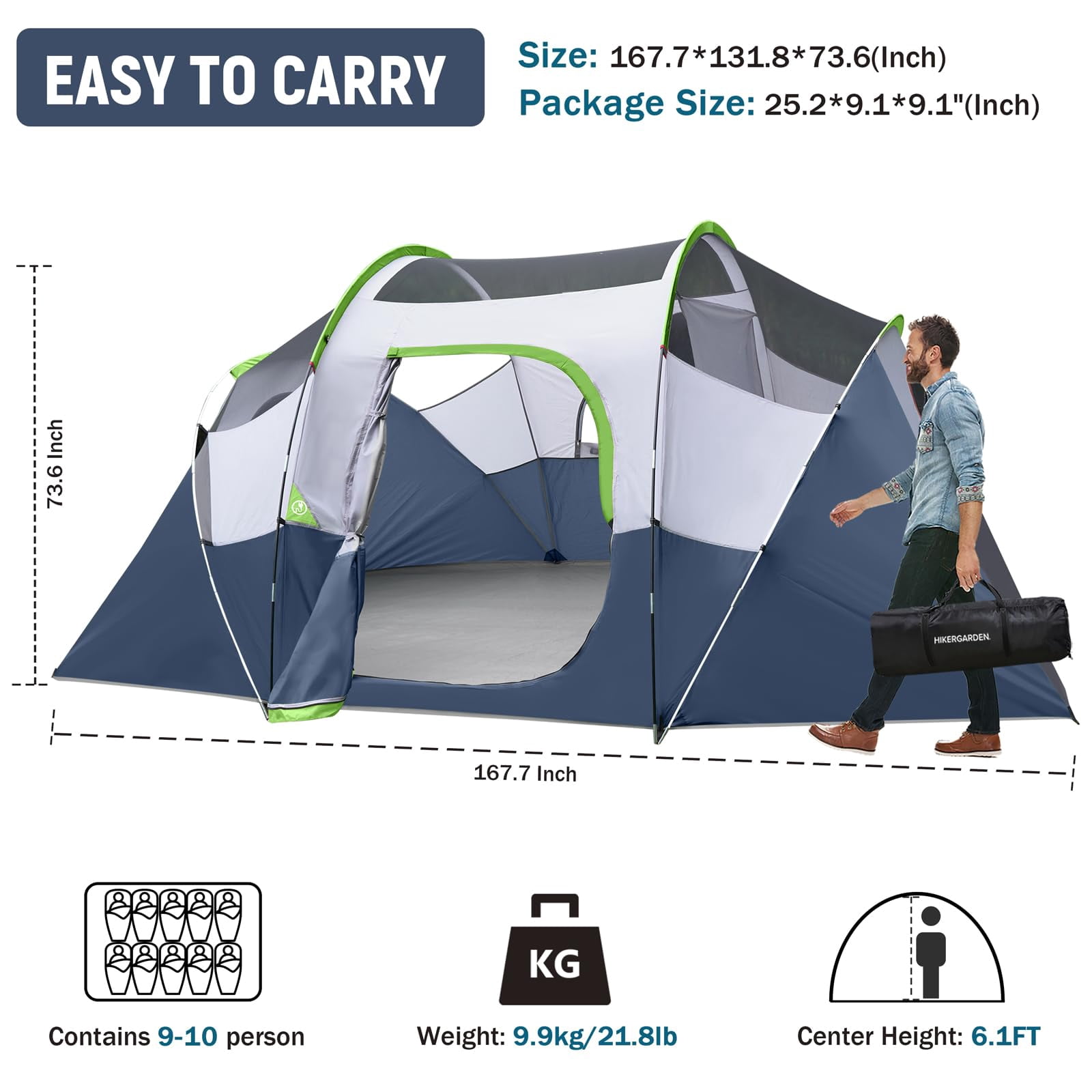 Hikergarden 10 Person Camping Tent - Portable Easy Set Up Family For Camp  Windproof Fabric Dome Outdoor Hiking Backpacking Traveling-14'x11'x74in(h)