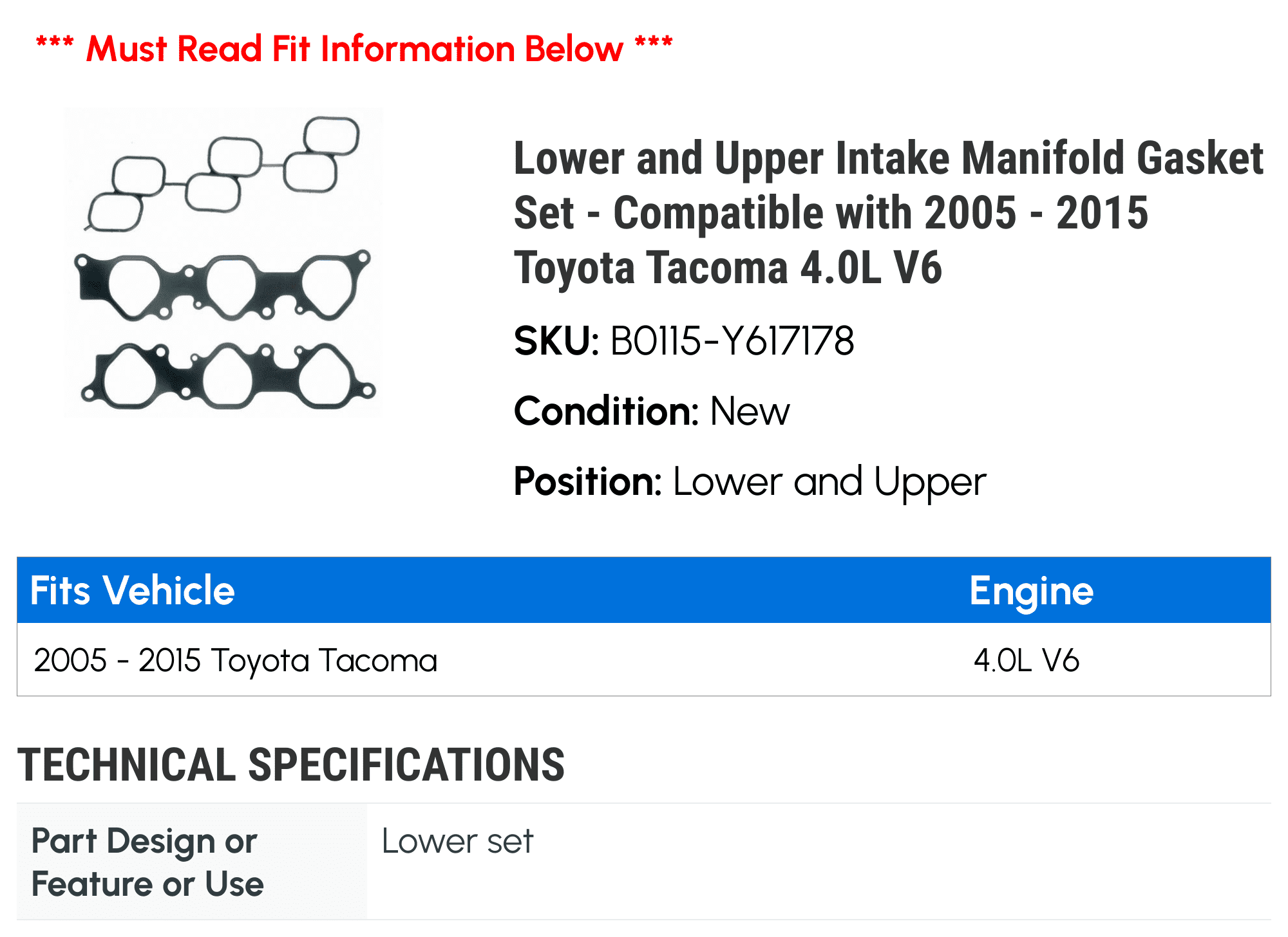 Lower and Upper Intake Manifold Gasket Set - Compatible with 2005 - 2015 Toyota Tacoma 4.0L V6 2006 2007 2008 2009 2010 2011 2012 2013 2014