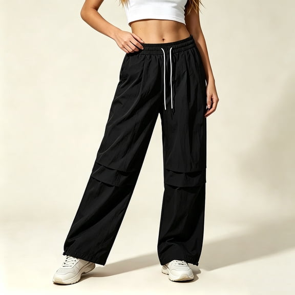 CQONEPT Womens Parachute Pants Wide Leg Baggy Pants Quick Dry Y2K Elastic Waist Streetwear Outdoor Jogger Track Pants Black XXL