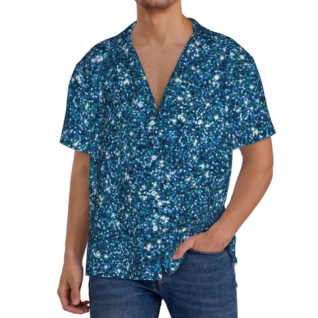 Fotbe Blue Glitter Camisa Estampada de Manga Corta para Hombre, Casual de Verano, Estilo Playero, Sin Arrugas-4X-Large