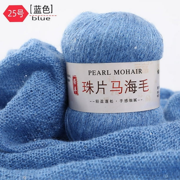 Zhuge Hilo de mohair fino de 100 g con lentejuelas para tejer a ganchillo, hilo de lana de encaje suave y esponjoso, hilo de cuentas para suéteres, chal, color azul
