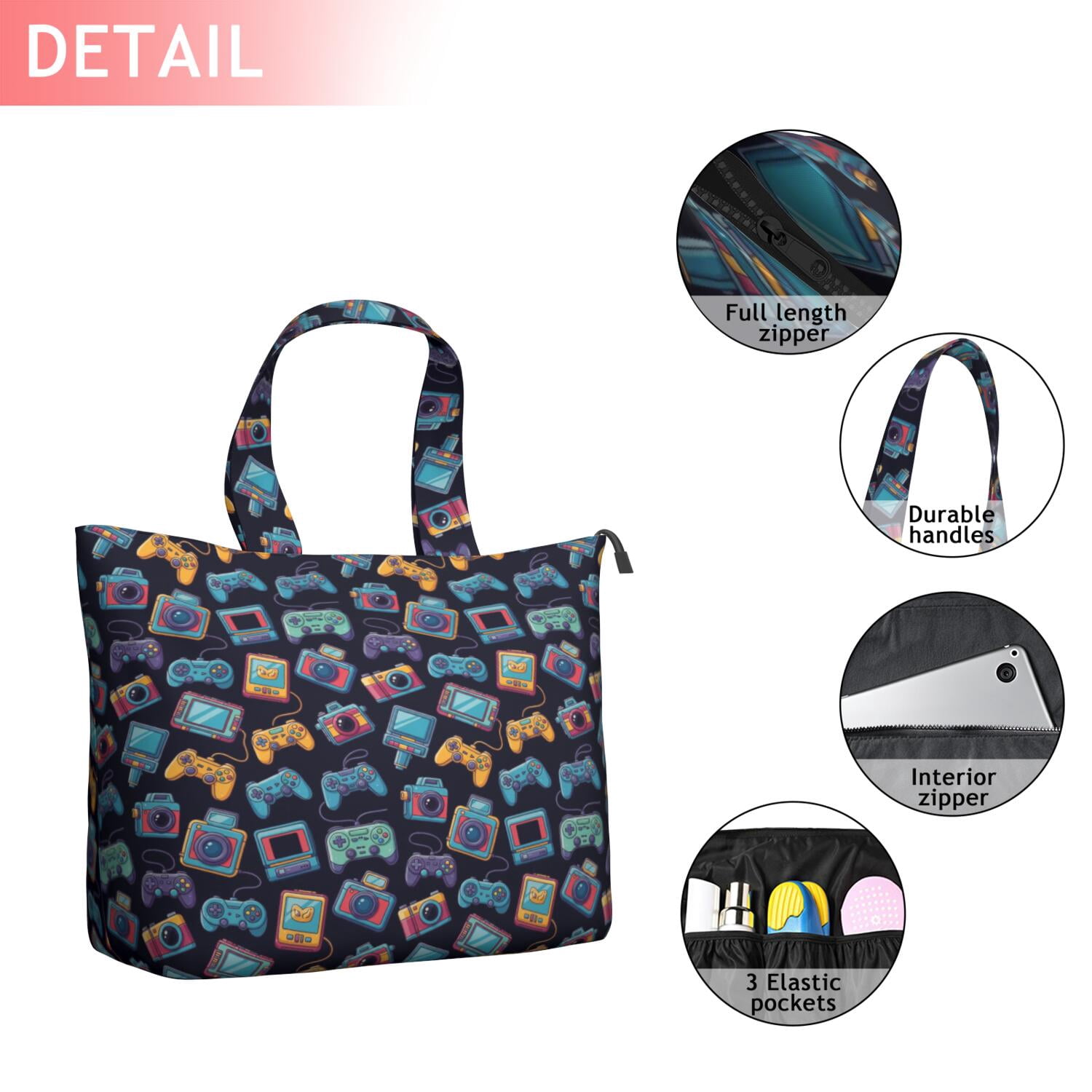 Colorful Games Device Dark Pattern Travel Tote Bags for Women Carry On,Large Weekender Bags for Women Travel,Multi Functional Duffle Bag for Work,Shopping,Sports
