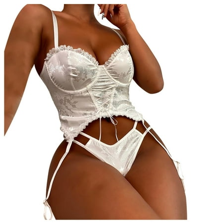 

EHTMSAK Bralette Plus Size Babydoll Bra and Panty Sets for Women Lace Sexy Lingerie Set Teddy Tummy Control Lingerie with Garter White 3XL