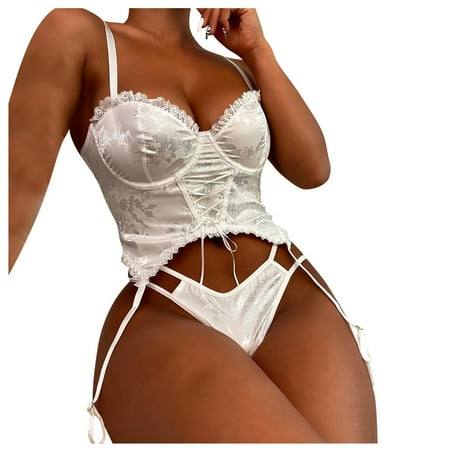 

EHTMSAK Bralette Plus Size Babydoll Bra and Panty Sets for Women Lace Sexy Lingerie Set Teddy Tummy Control Lingerie with Garter White L