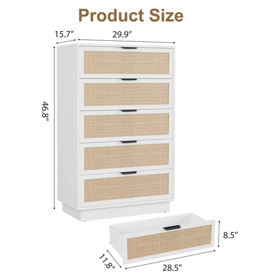 Acekid 5 Drawer Rattan Dresser, Wooden Chest of Drawers with Integrated Cabinet Body, White
