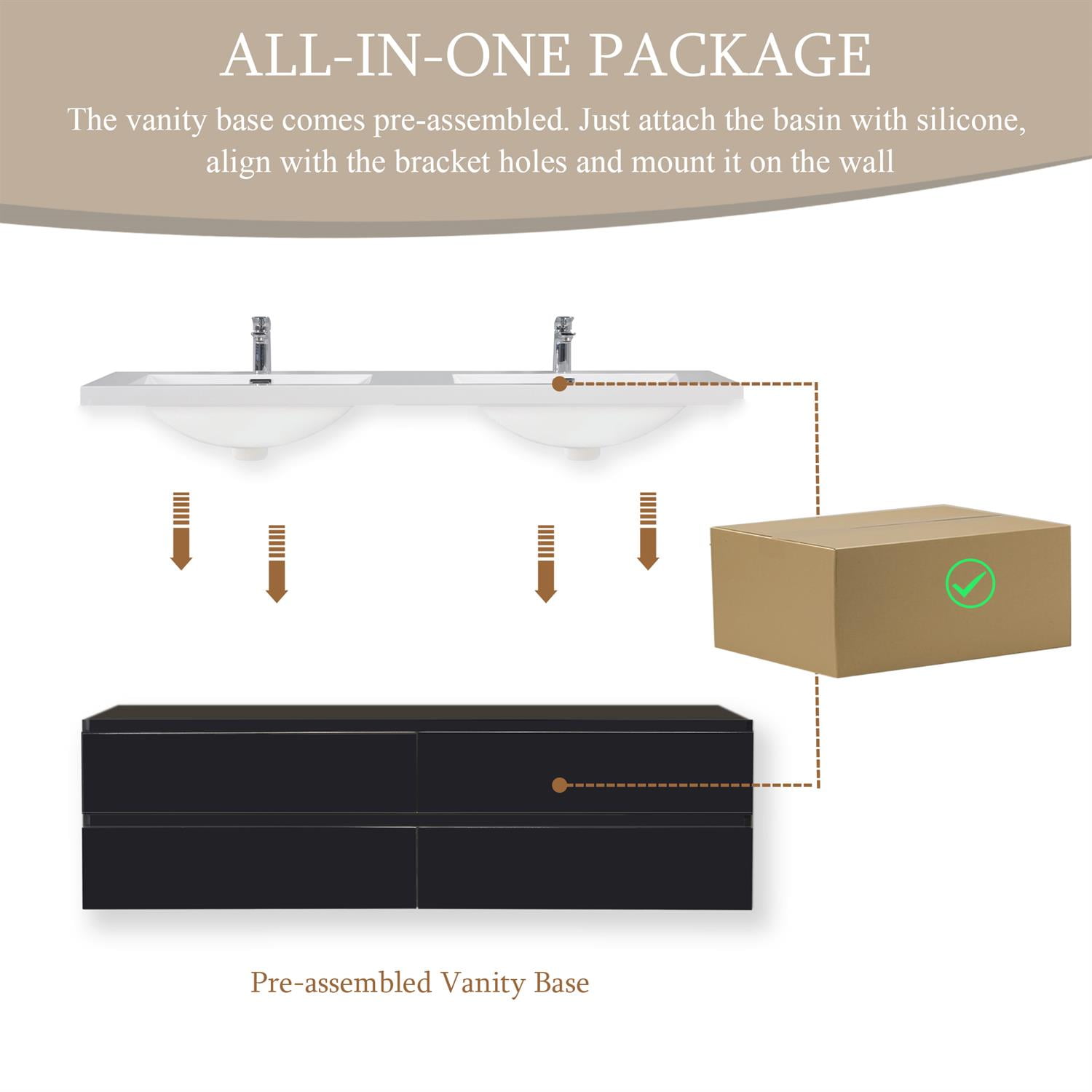 Demi Bonn 72" Floating Bathroom Vanity with Sink, Double Resin Top Basin and 4 Soft Close Drawers, Faucets and Drains Not Included, Black