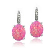 SILVERSPECK Sterling Silver Created Pink Opal & Diamond Accent Oval Leverback Earrings