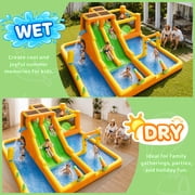 INFLATEFLY 13-in-1 Inflatable Water Slide Park for Backyard, Kids Heavy-Duty Bounce House with Double Slides, Splash Pool, Climbing Wall, 2 Water Cannons, Basketball Hoop