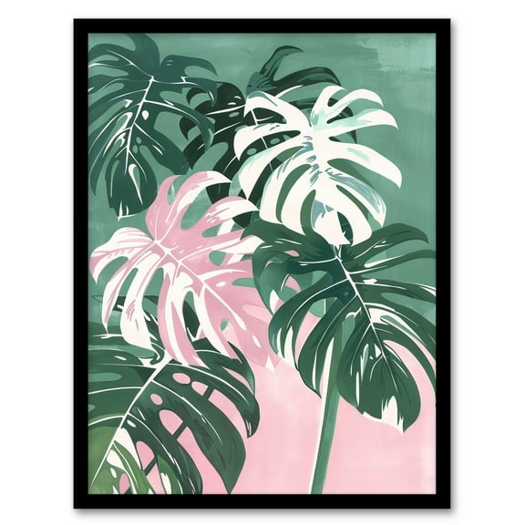 Artery8 Plant Lover Monstera Leaves Green Pink Botanical Living Room Art Print Framed Poster Wall Decor 12x16 inch