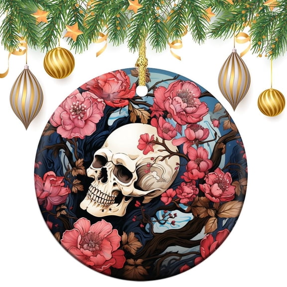 Ornament Black Skull Pattern with Pink Flowers Circle Ornament Autumn Halloween Ceramic Elegant Hanging Christmas Tree Decorations for Family Friend