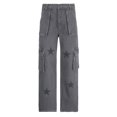thumbnail image 2 of Gibobby Pantalones tipo cargo estampados de mujer Monos de mezclilla retro de tiro bajo para mujer, pantalones casuales con estampado de estrellas(Gris,CH), 2 of 4