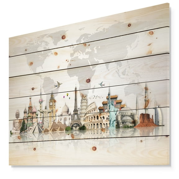 Designart 'World Famous Monuments' Print on Natural Pine Wood