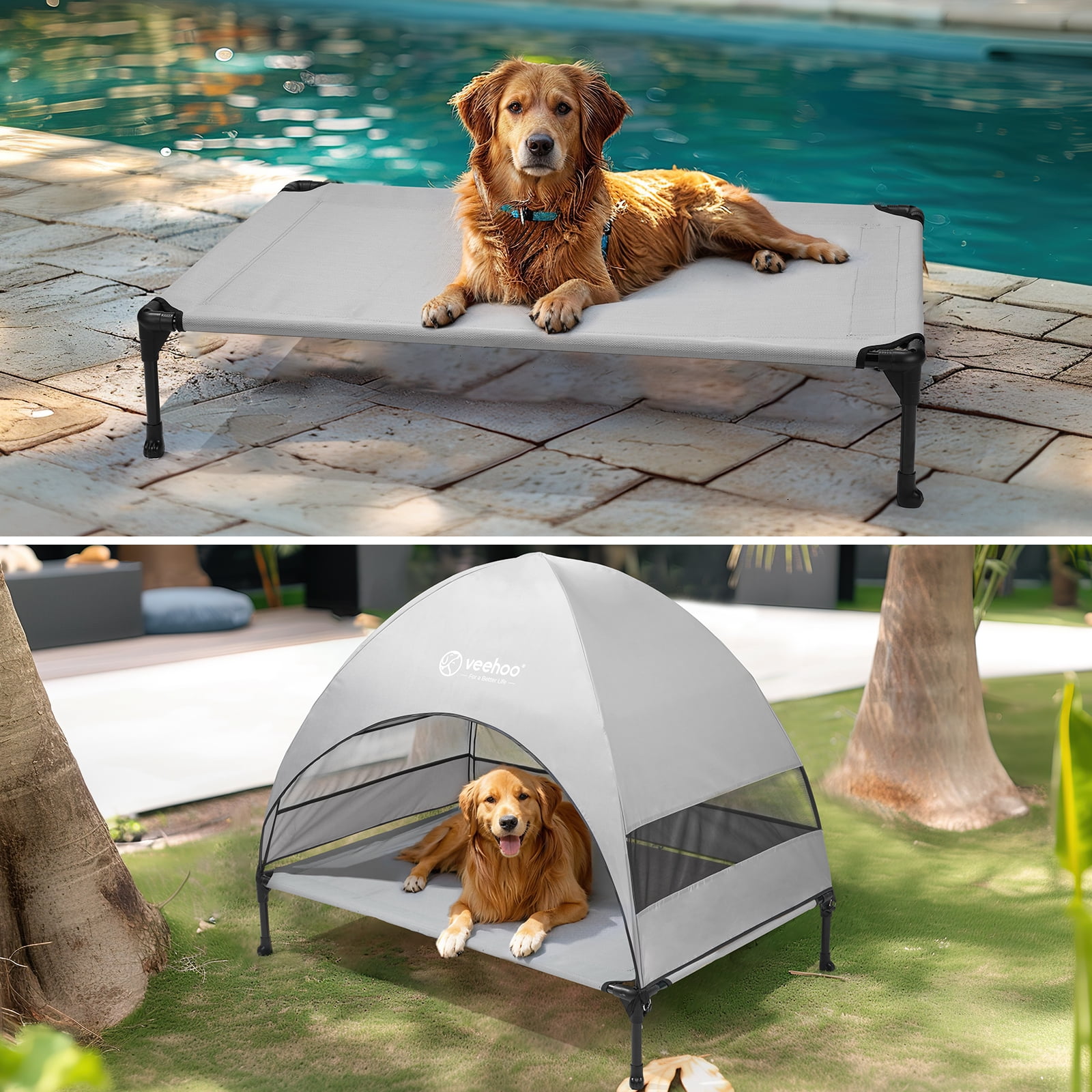 Veehoo Outdoor Dog Bed with Removable Canopy, Cooling Elevated Dog Cot Bed, Large, Grey