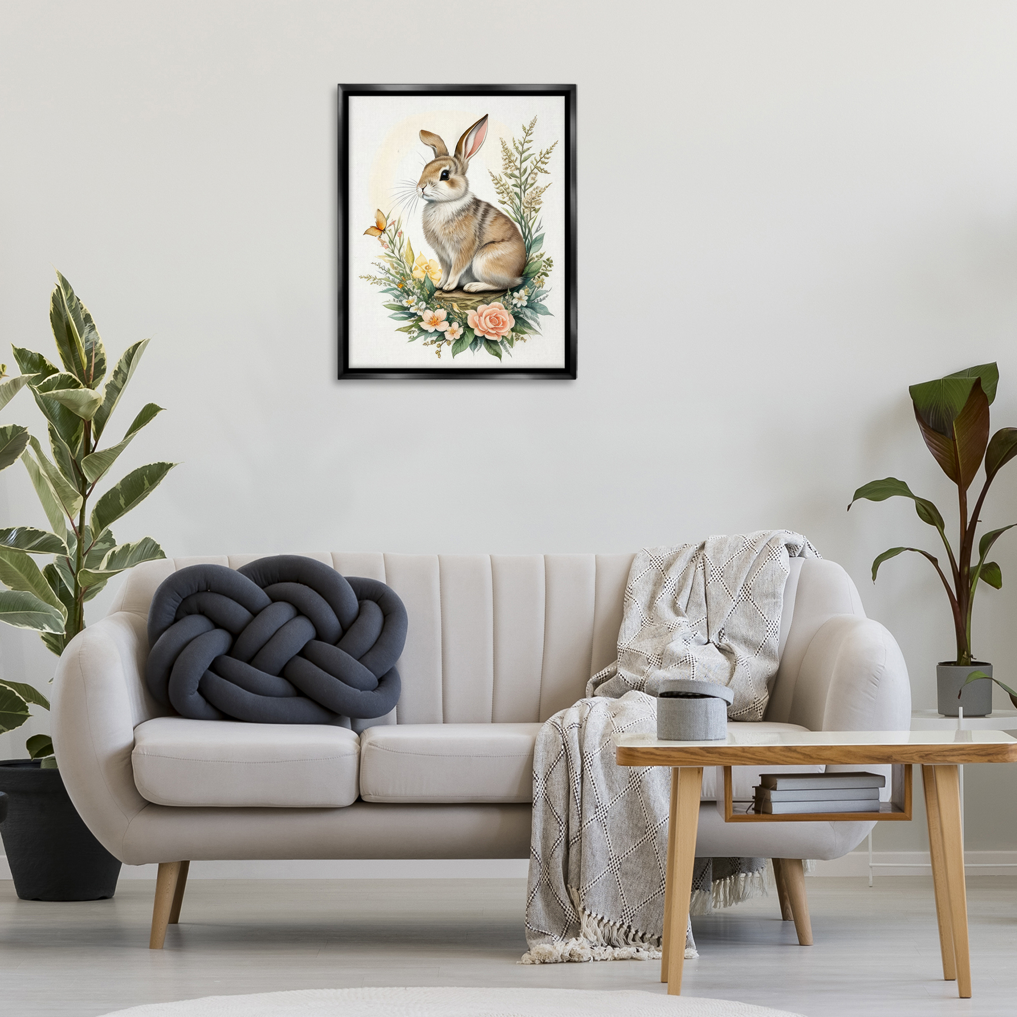 Stupell Industries Rabbit Among Flowers Animals & Insects Painting Black Floater Framed Canvas Art Print Wall Art, 25 x 31