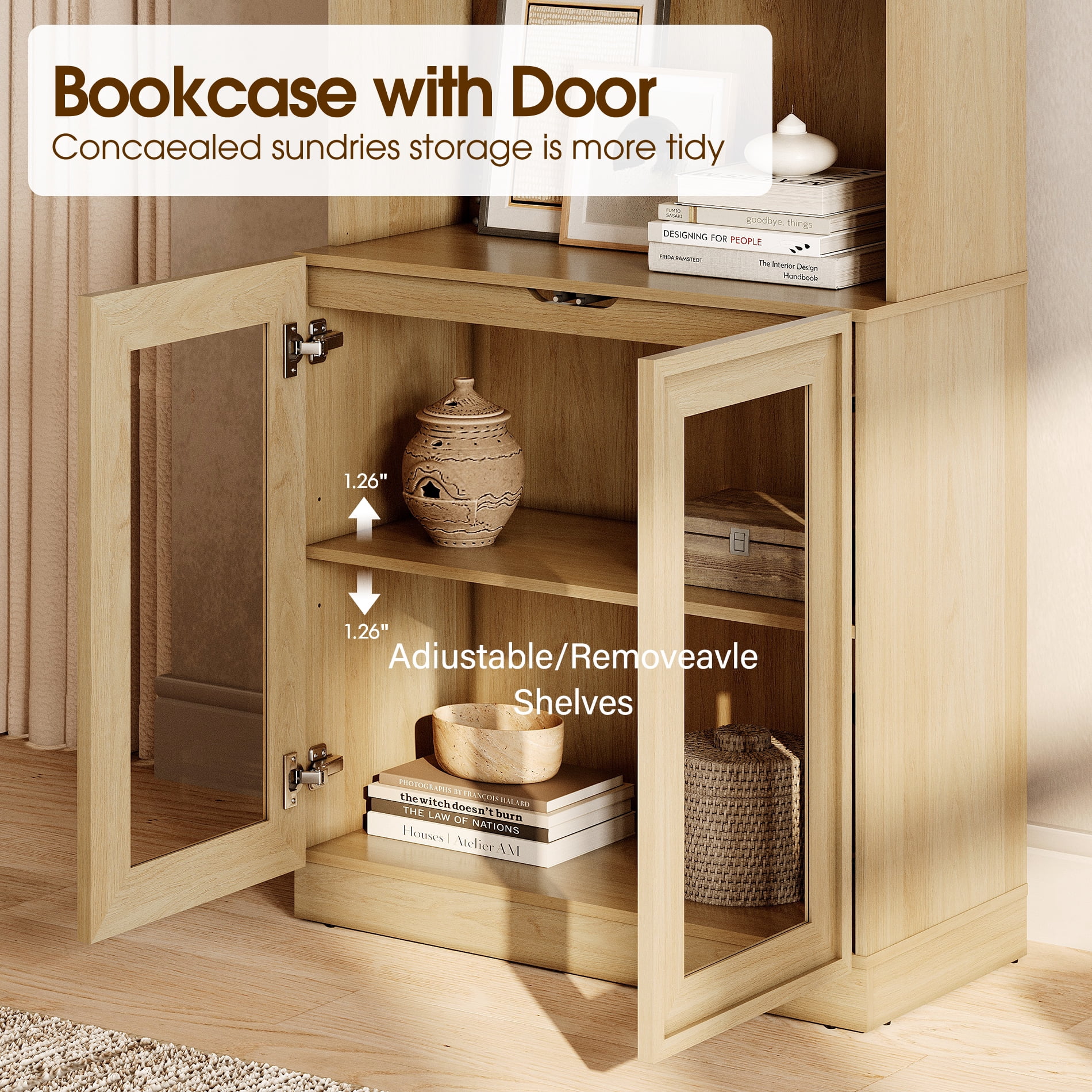 Modern 72" Tall Bookshelf with Glass Doors and Adjustable Shelves, Library Bookcase with Storage Cabinet and Open Shelves,Oak