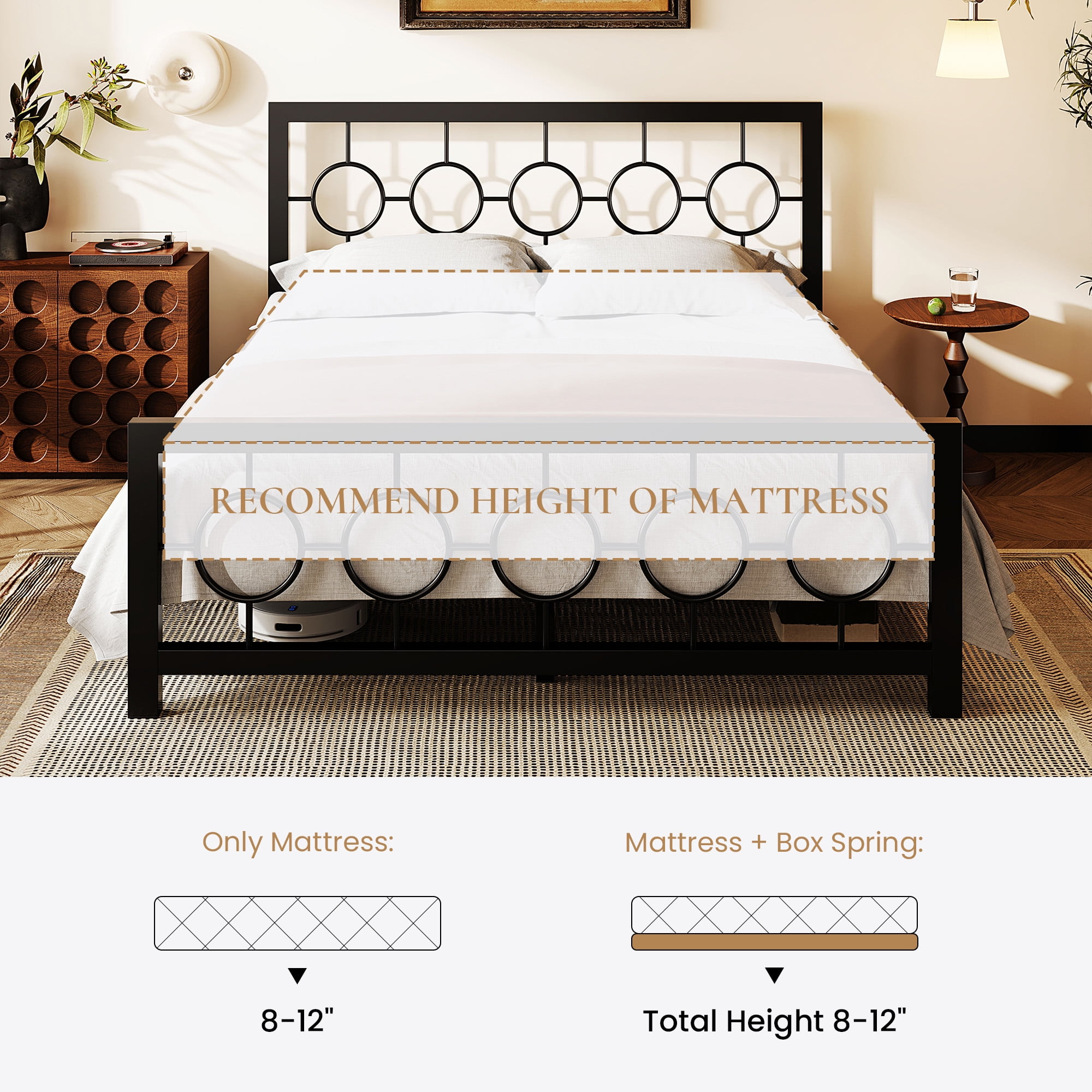 Amolife Queen Size Bed Frame, Heavy Duty Metal Platform Bed with Vintage Circular Headboard & Footboard, Black