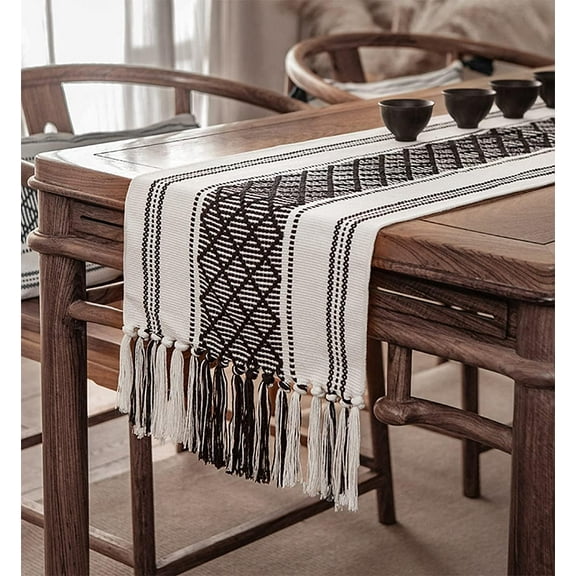 Fennco Styles Reversible Modern Boho Black Cotton Blend Geometric Table Runner 86" x 14"