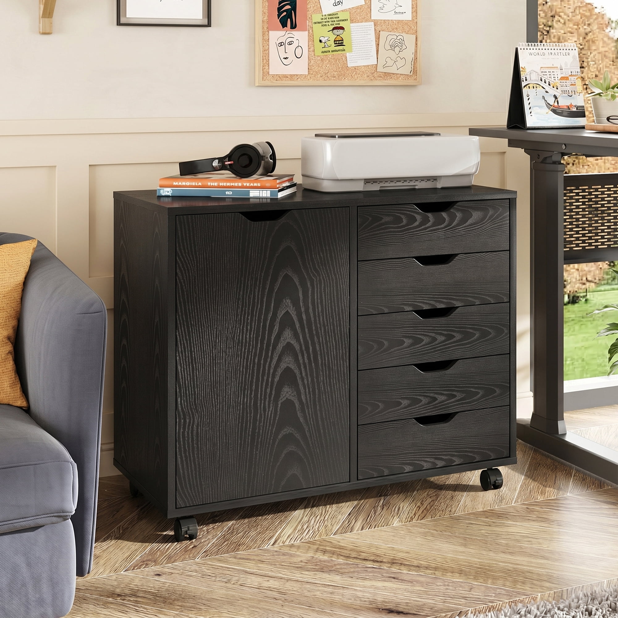 GALAXHERO 5-Drawer Storage Cabinet, Mobile Printer Stand Filing Cabinet for Home Office Cabinet, Wood File Cabinet, Black