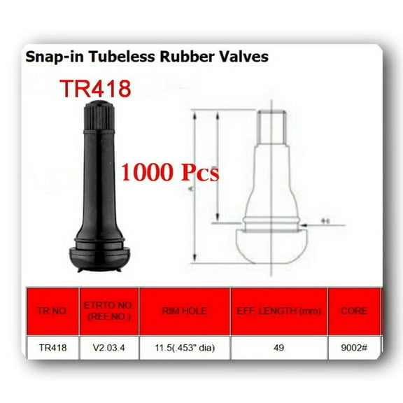 Lot 1000 TR418 Valves STANDARD 2" SNAP IN TUBELESS BLACK RUBBER TIRE VALVE STEM