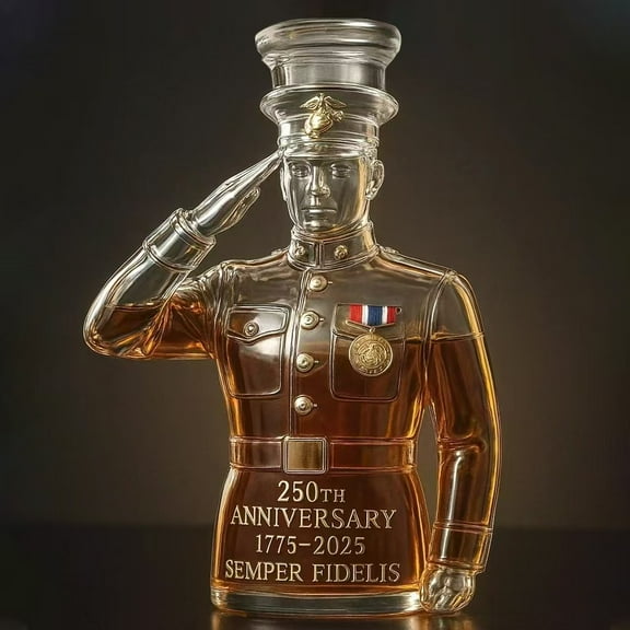 250th Anniversary Whiskey Decanter - US Marine Corps Tribute Glass Liquor Bottle with Display Case, Collectible Memorial Commemorative Alcohol Bottle