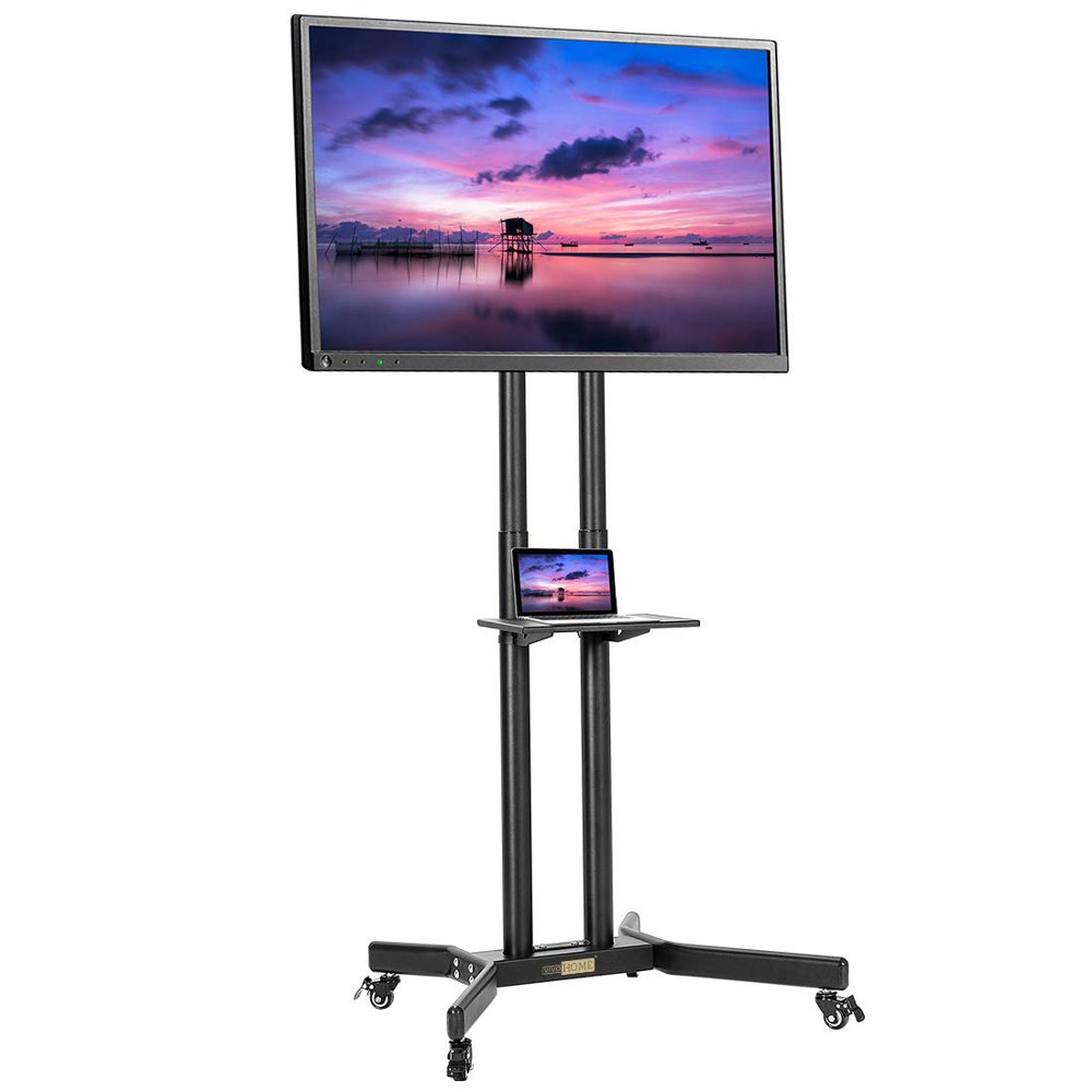 Black Rolling TV Cart Height Adjustable Portable TV Stand Trolley