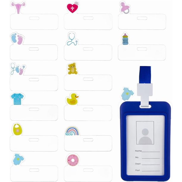 14 insignias de identificación de enfermera de parto y parto de plástico horizontal de 2 x 3 x 0,1 pulgadas con oso, pato, camiseta, arcoíris, nudo de mariposa, huellas y botella.