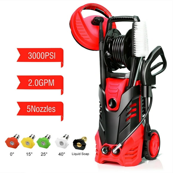 Giantex 3000PSI Electric Pressure Washer, Portable High Power Washer w/ 5 Nozzles, Hose Reel, Soap Bottle, 2 GPM 2000W (Red)