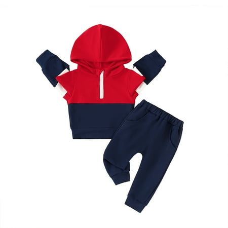 

KIMI BEAR Newborn Baby Boys Pant Sets Fall Color Matching Long Sleeves Hooded Top Solid Color Pants 2PCS Outfits Sets Fall Red 6-12 Months