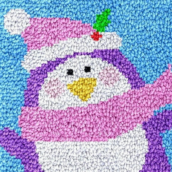 Christmas Penguin Latch Hook Rug Kits for Kids Beginner Easy Printed Canvas Crochet Yarn Embroidery Mini-Carpet Hook and Latch Kit Children Handmade Craft 30x30cm