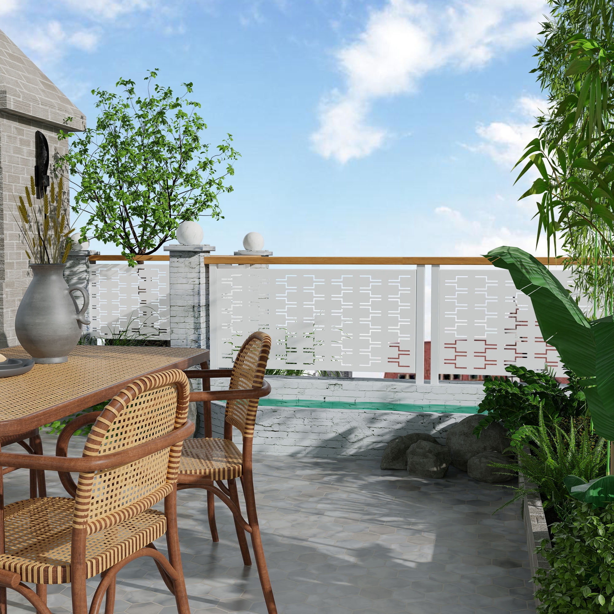 MAYEERTY 72×47" Outdoor White Metal Privacy Panel Screen for Backyard & Garden, Geometric Brick Pattern