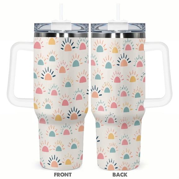 40oz Pastel Sunrise Tumbler with Handle and Straw Colorful Sun Pattern Insulated Car Cup Stainless Steel Travel Coffee Cup Gift
