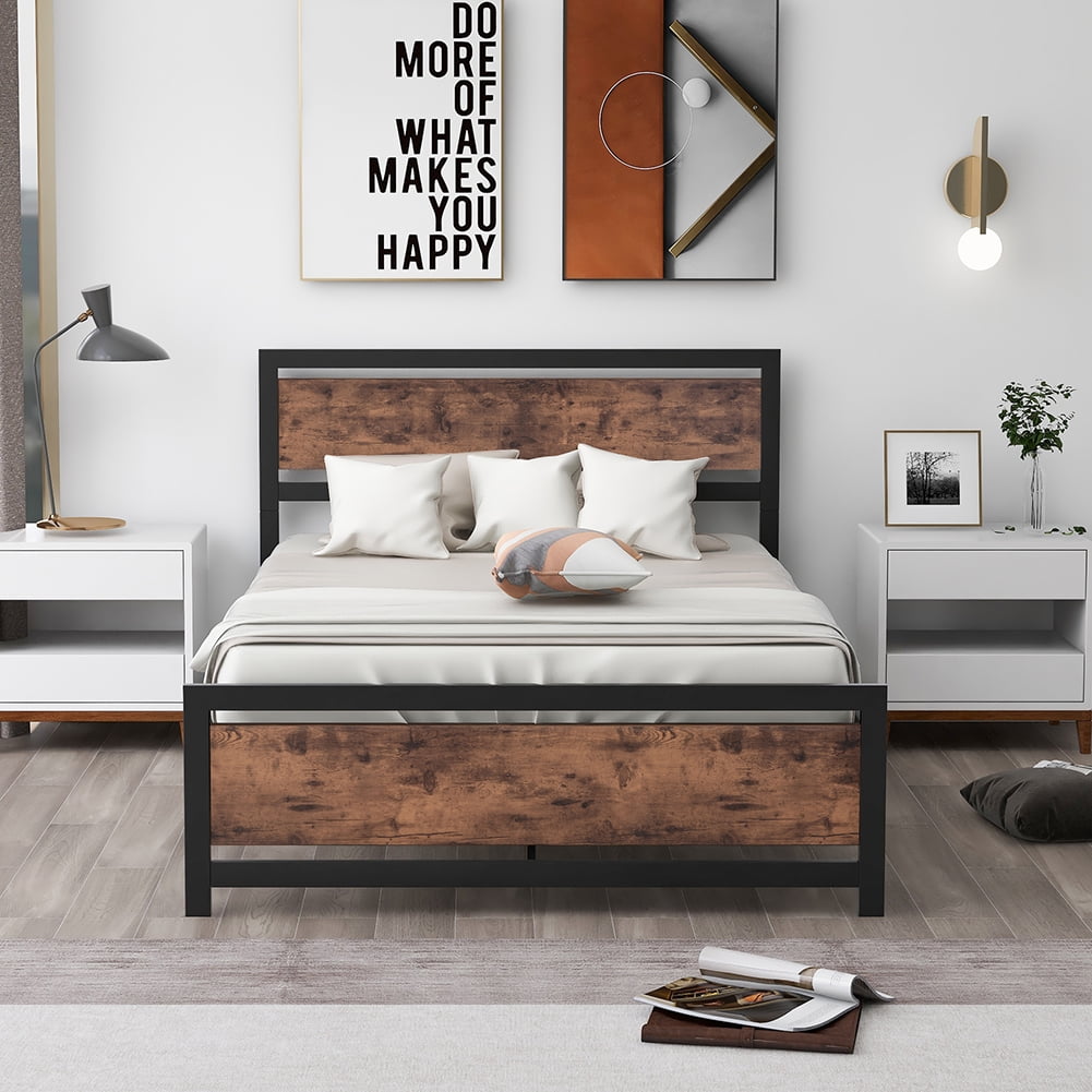 Lowestbest Classic Industrial Style Bed Frame, Metal and Wood Bed Frame with Headboard and Footboard, Full Lowestbest Classic Industrial Style Bed Frame, Metal and Wood Bed Frame with Headboard and Footboard, Full