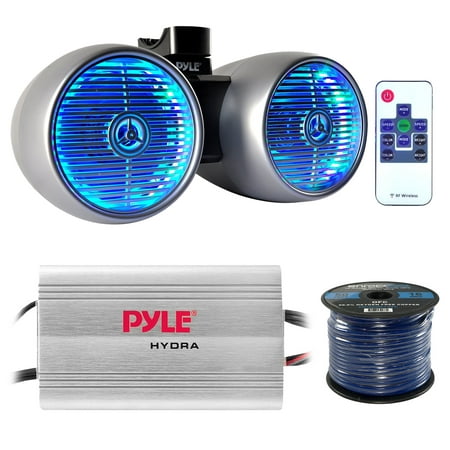 Marine Speaker And Amp Combo: Pyle PLMRMP3A 4 Channel 1200 Watt Waterproof MP3 Power Amplifier Bundle With 6.5