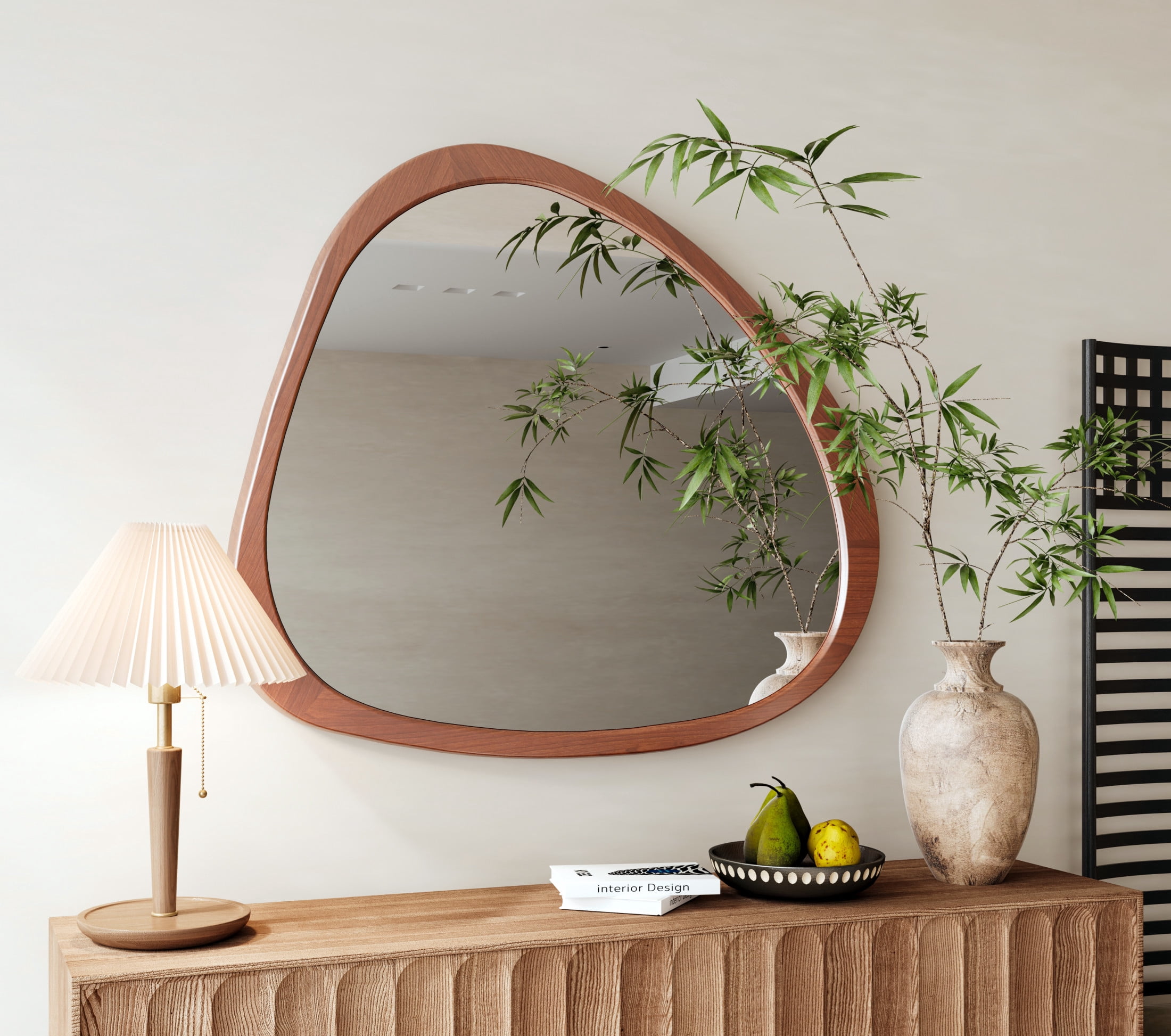 Noble House 45" Asymmetrical Wall Mirror, Solid Wood Frame, Glass Mid-Century Accent, Bathroom, Hallway, Walnut