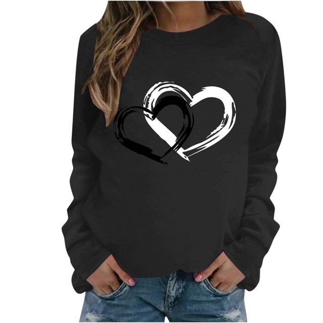 FAIWAD Women's Long Sleeve Pullover Tops Heart Print Round Neck Tops Spring Loose Plus Size Tunic Tops