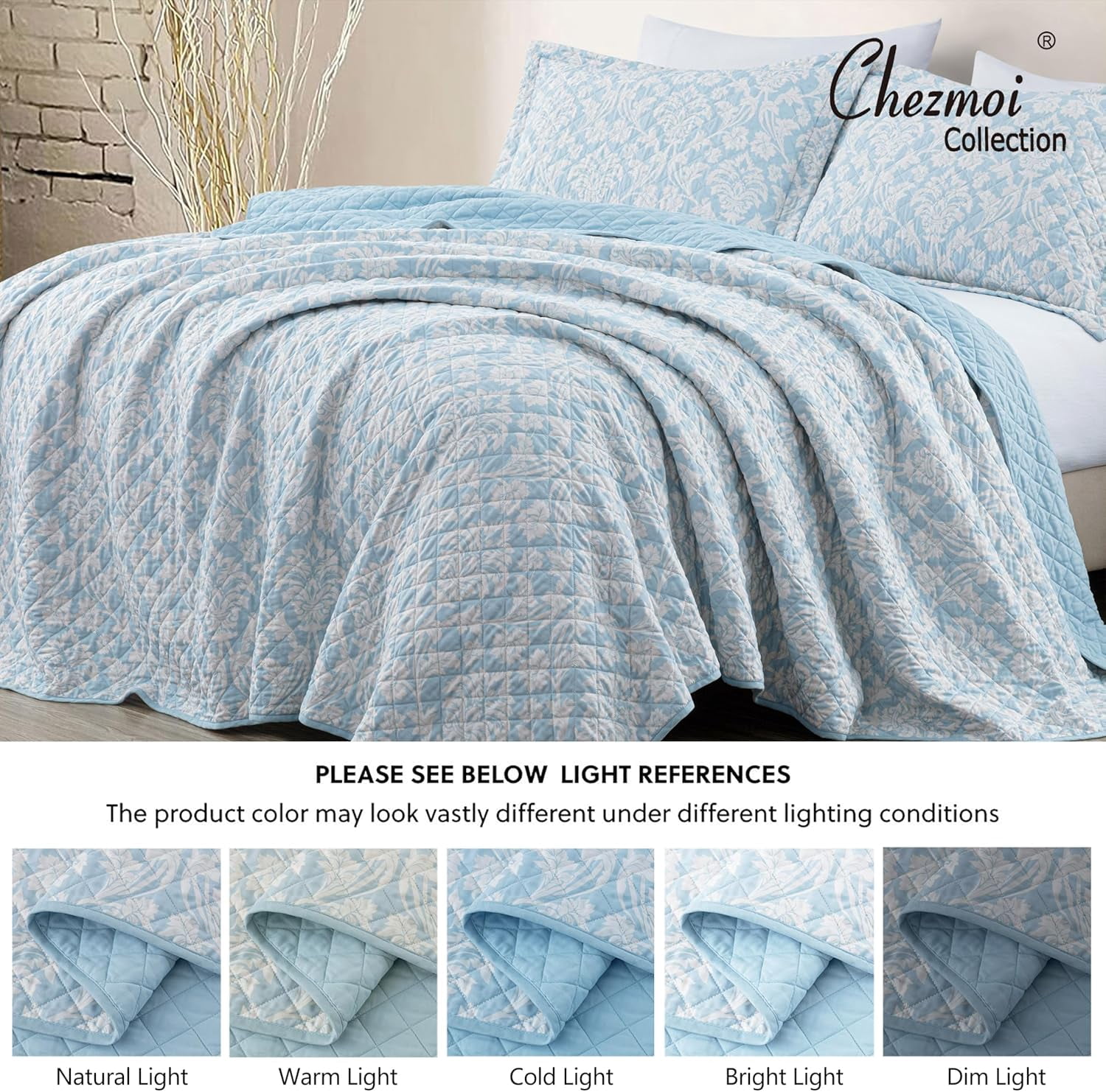 Chezmoi Collection Ivy Floral Medallion Quilt Set King Size, 3-Piece Blue/White Floral Printed Pre-Washed Reversible Microfiber Bedspread Set