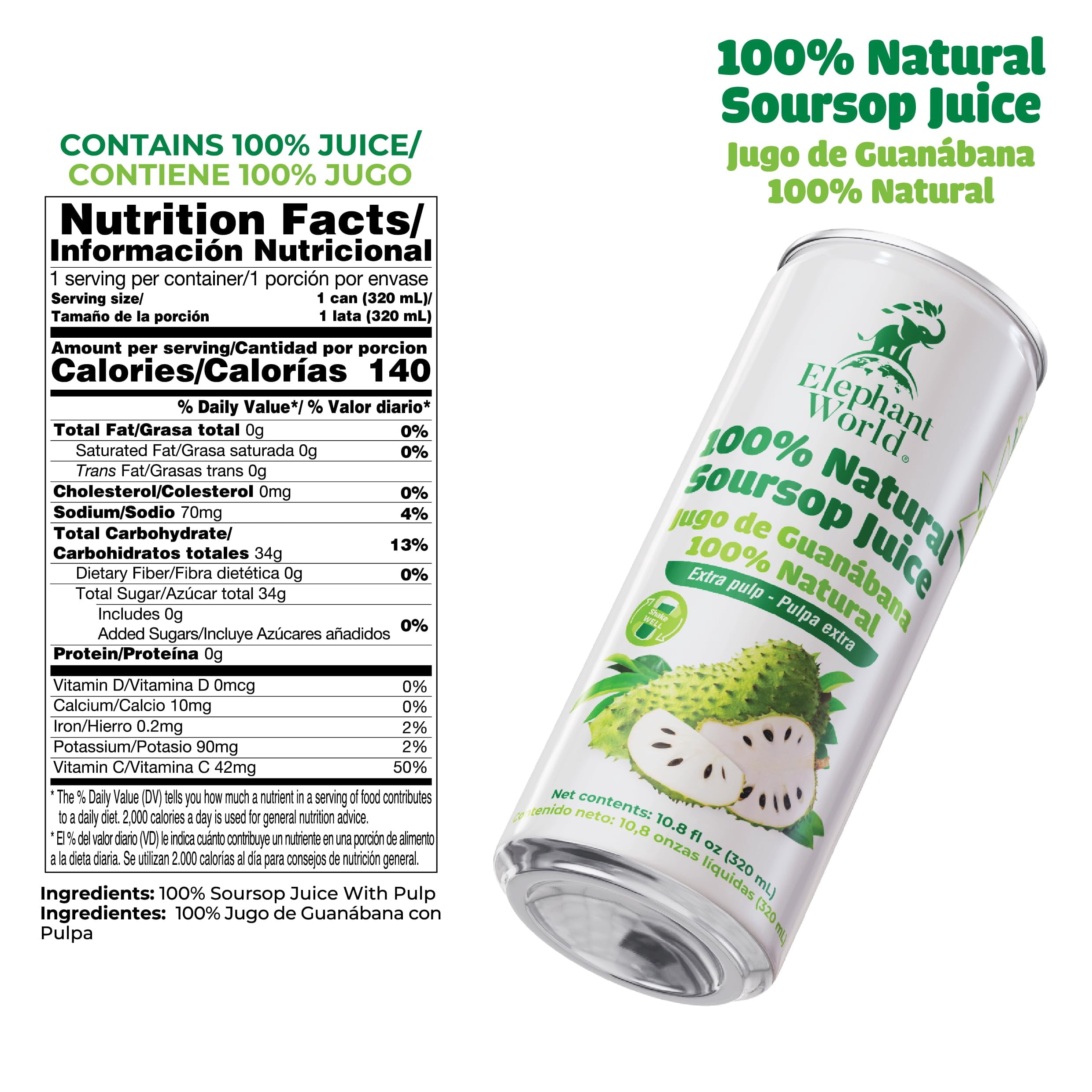 Elephant World 100% Natural Pink Guava Guayaba Juice Canned | NON GMO | 10.8 oz (Pack of 12), Soursop
