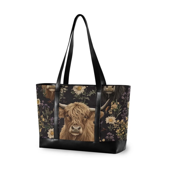 FORMRS Canvas Laptop Tote Bag for Women with 15.6" Computer Compartments Shoulder Handbag, Cows and Flowers