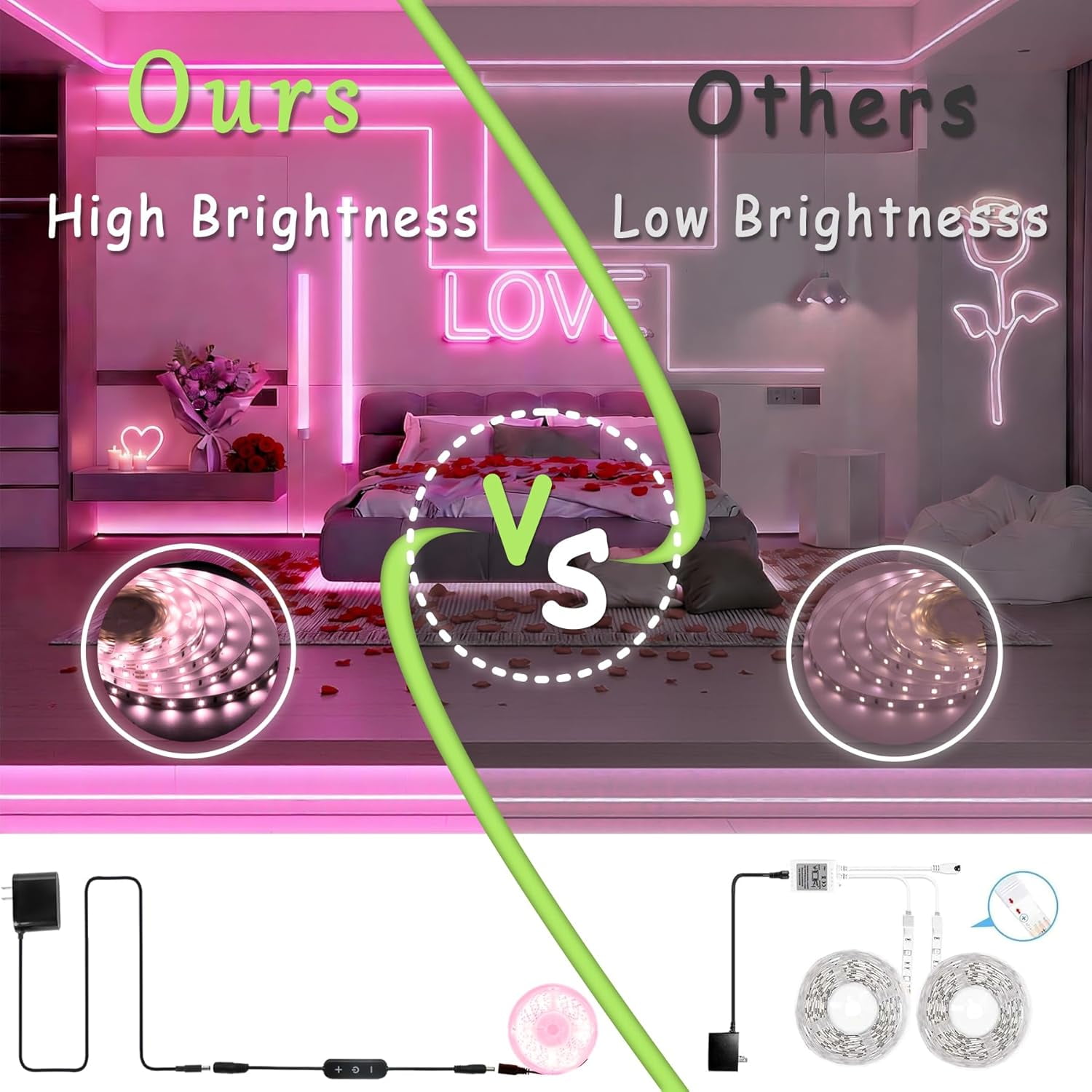 20 Ft Pink Led Lights Strip Rope Lights with Dimmer Control forIndoor Decor Cuttable Strip Lights for Baby Room Bedroom Living Room Kitchen