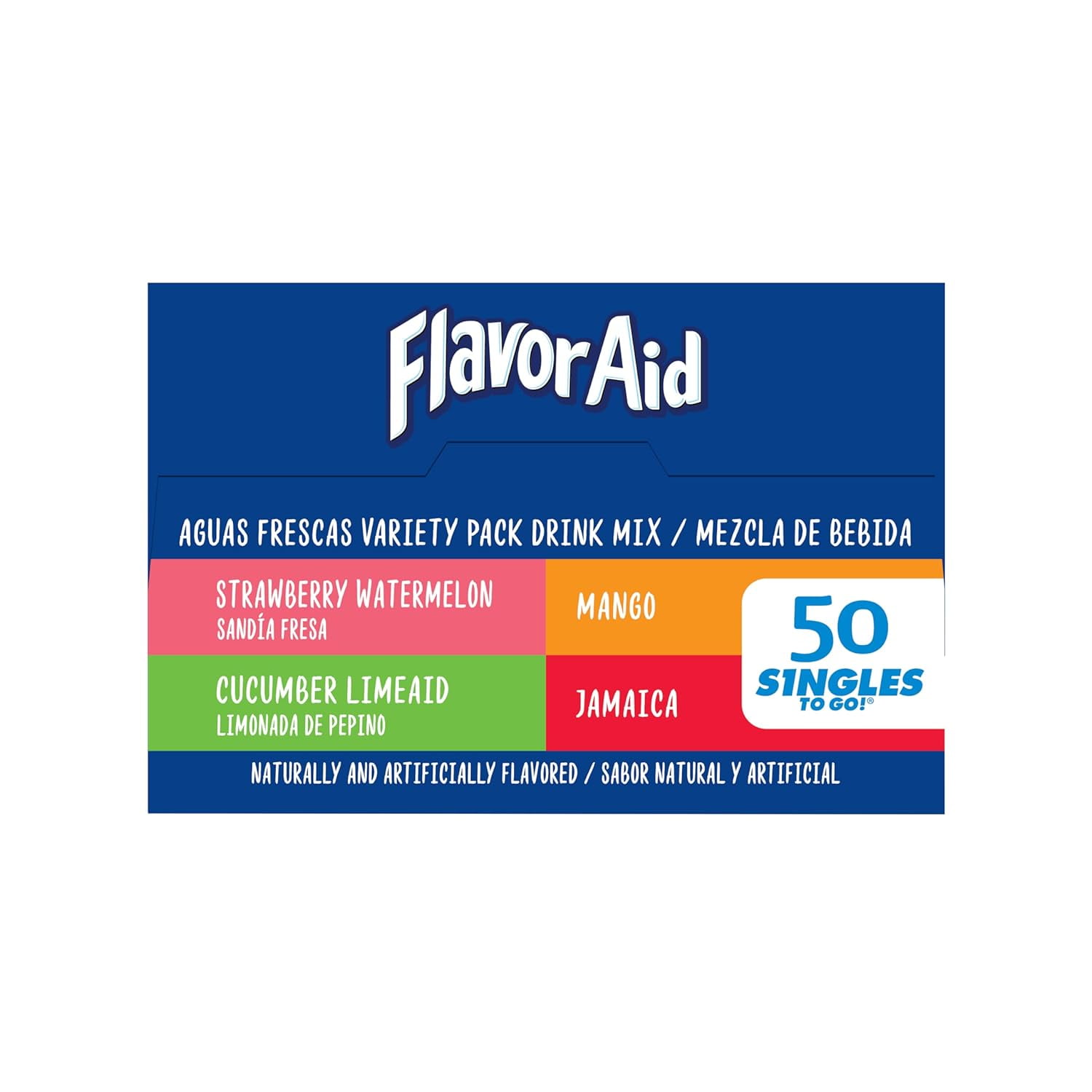 Flavor Aid Aguas Frescas Singles To Go Powdered Drink Mix Variety Pack, Strawberry Watermelon, Mango, Cucumber Limeaid, Jamaica, Sugar-Free, 50 Count Packets