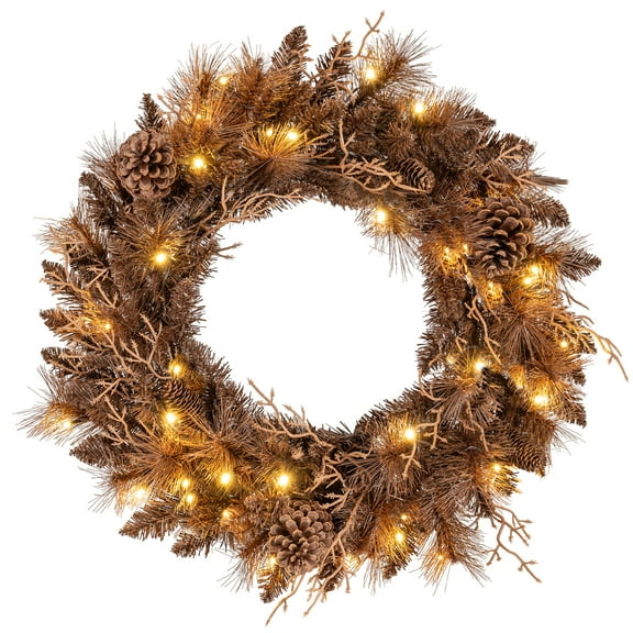 Costway 1 PCS 24" Pre-lit Christmas Wreath Front Door Artificial Xmas Wreath with 105 Branch Tips