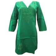 Mogul Womens Indian Tunic Cotton Floral Embroidered Bohemian Ethnic Kurti Green Long Kurta Dress Cover Up Beach Dresses