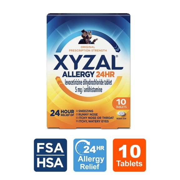 Xyzal 24 Hour Allergy Relief Medicine, Original Prescription Strength Antihistamine, Levocetirizine Dihydrochloride Tablets, 5 mg, 10 Count