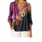 Oversized Boho Floral Printed Long Sleeve Shirts Tops for Women Sexy V Neck Loose Baggy Tunic Roll Up Sleeve Blouse Tee Ladies Button Front Shirt