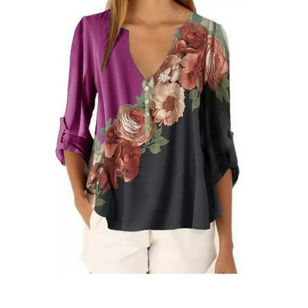 Oversized Boho Floral Printed Long Sleeve Shirts Tops for Women Sexy V Neck Loose Baggy Tunic Roll Up Sleeve Blouse Tee Ladies Button Front Shirt
