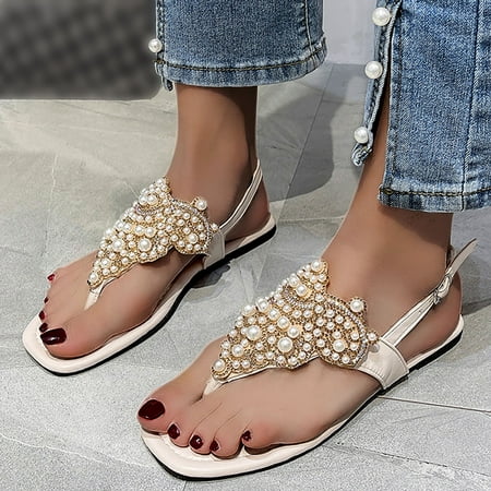 

Aayomet Summer Sandals Ladies Summer Fashion Rhinestone Flower Hollowed Out Pearl Flat Square Open Toe Slippers Beige 8