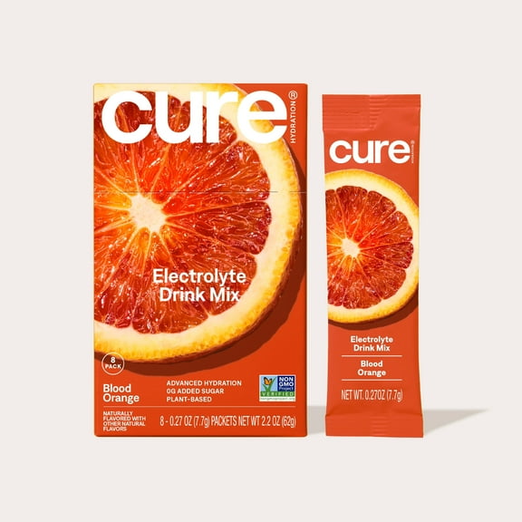 Cure Hydration Plant Based Electrolyte Mix | Powder for Dehydration Relief | Made with Coconut Water | Non-GMO | No Added Sugar | FSA & HSA | Vegan | Box of 8 Packets - Blood Orange