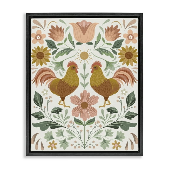 Stupell Industries Hen & Florals Pattern Animals Painting Black Floater Framed Canvas Art Print Wall Art, 17 x 21