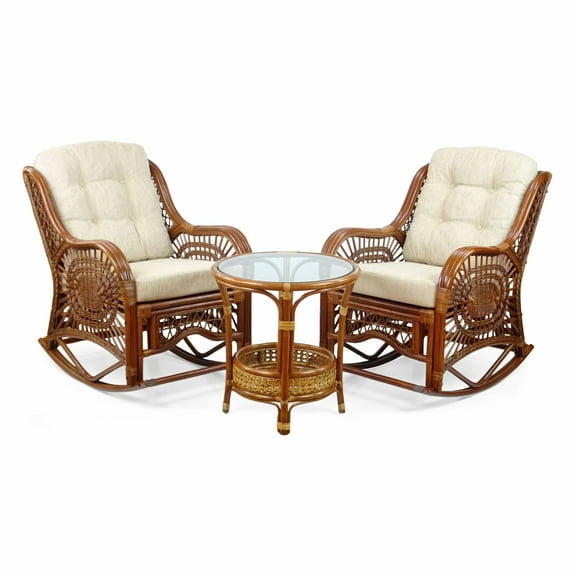 Wickerix Malibu Handmade Natural Rattan Living Room Set of 2 Rocking Lounge Chairs and Coffee Table, Colonial Color